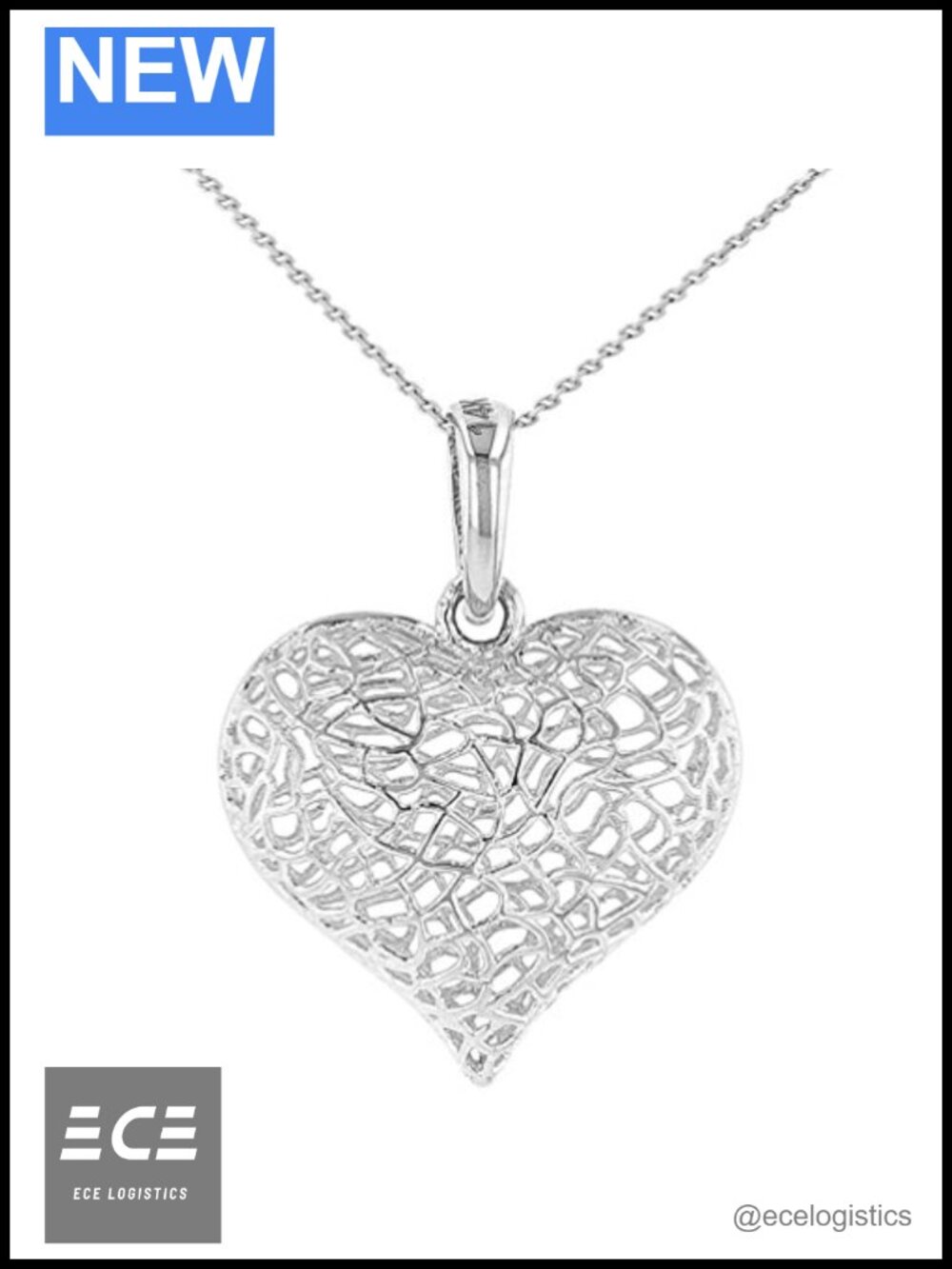 14k White Gold Puffed Filigree Heart Charm Pendant Necklace 20"